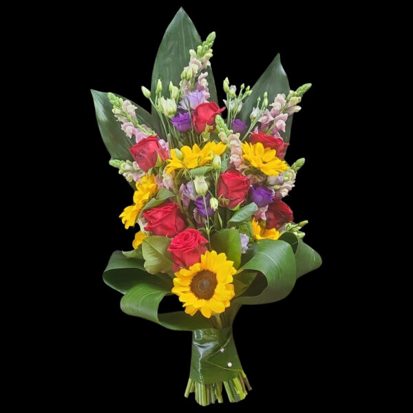 rouwboeket Bond met veldbloemen in bonte kleuren