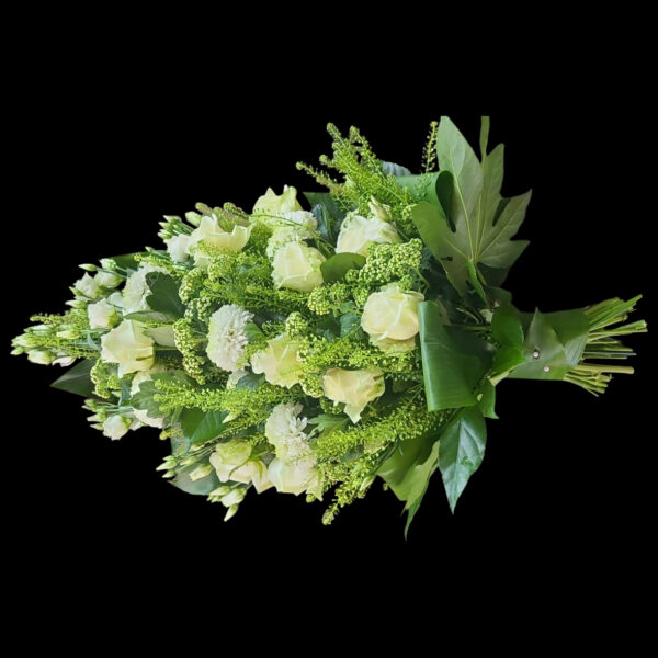 rouwboeket Klassiek Wit met witte bloemen en groene accenten