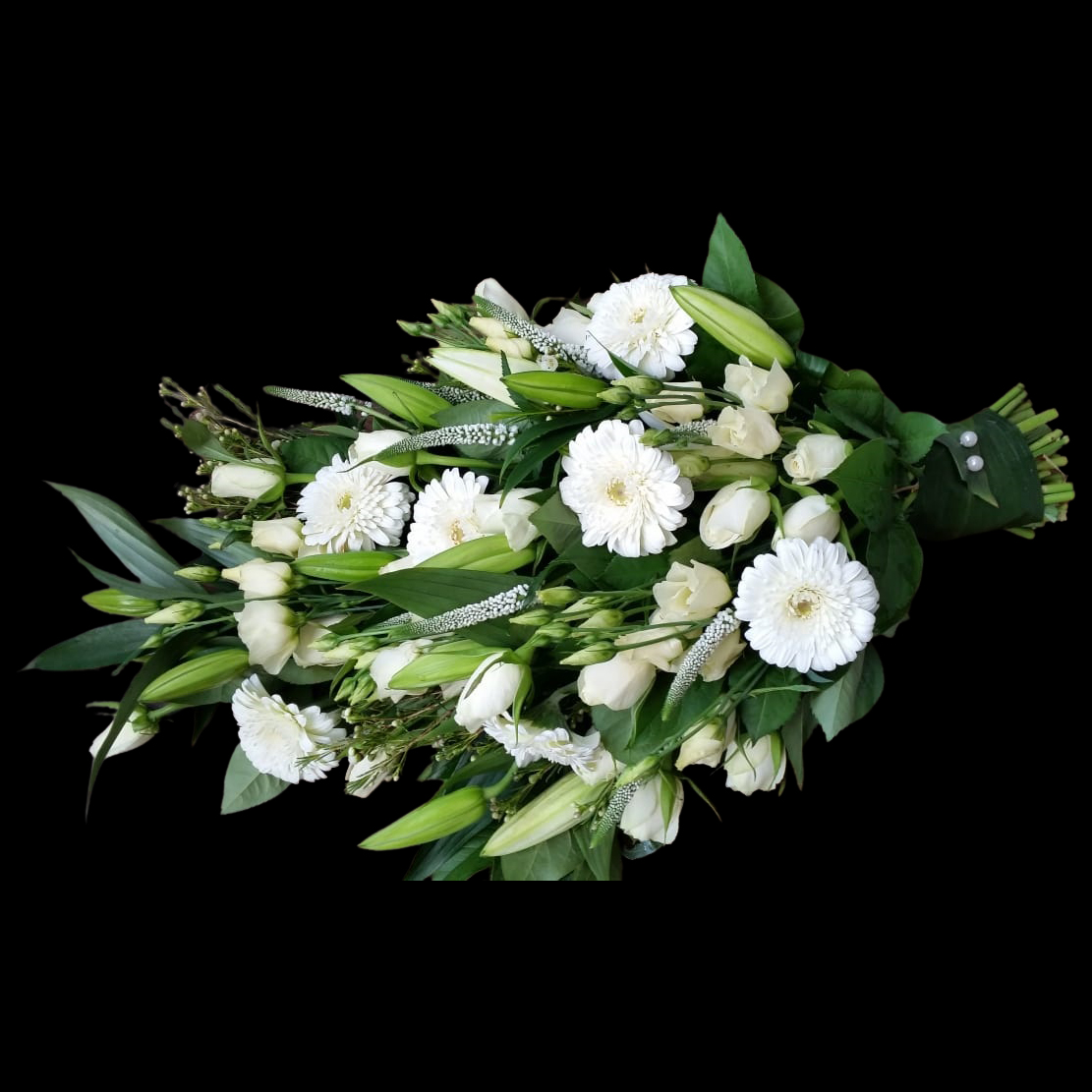 rouwboeket Puur Wit met witte bloemen en subtiel groen