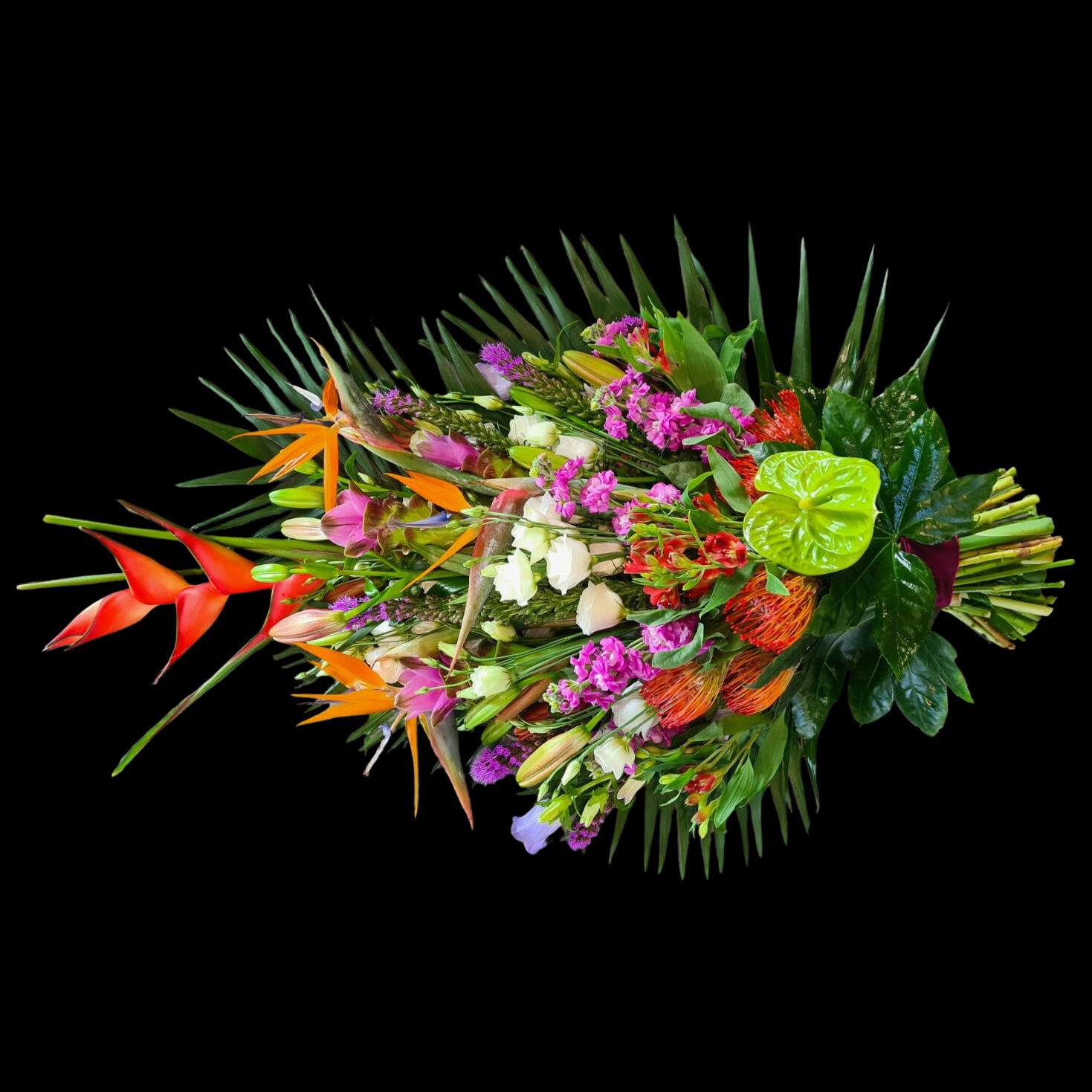 rouwboeket Warme Tinten met tropische bloemen in warme kleuren